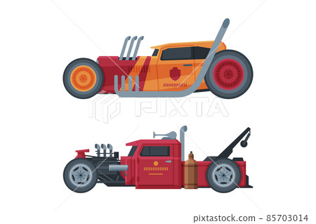 American Hot Rod Car with Large Engine and Tubes for Speed and Acceleration Vector Set American Hot Rod Car with Large Engine and Tubes for Speed and Acceleration Vector Set 85703014
