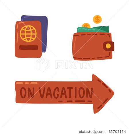 Passport, Wallet and Arrow with Inscription as Travel and Tourist Item Vector Set Passport, Wallet and Arrow with Inscription as Travel and Tourist Item Vector Set 85703154