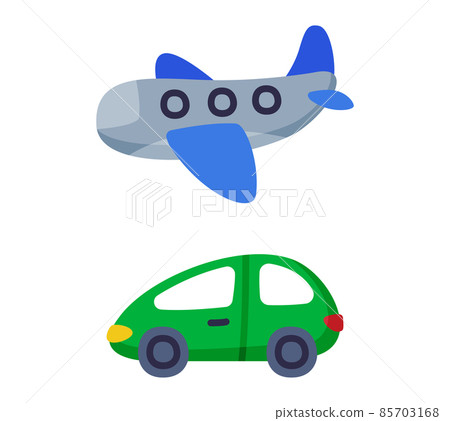 Green Car and Plane as Colorful Kids Toy Vector Set 85703168