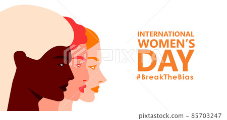 International womens day. 8th march. Horizontal poster with three female faces. Break The Bias campaign. Vector illustration in flat style for greeting card, postcard, web, banner. Eps 10 International womens day. 8th march. Horizontal poster with three female faces. Break The Bias campaign. Vector illustration in flat style for greeting card, postcard, web, banner. Eps 10 85703247
