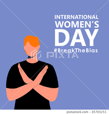 International womens day. 8th march. Poster with red hair woman with cross arms. Hashtag BreakTheBias campaign. Vector illustration in flat style for web, banner, social networks. Eps 10. 85703251