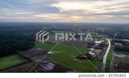 Landscape with road and bridges over the river Aa, Herentals, Belgium, running amongst the 85703403