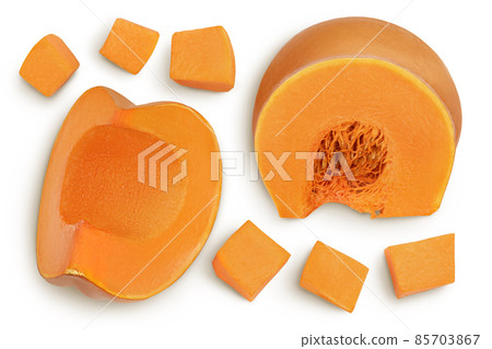 Fresh orange pumpkin isolated on white background with clipping path and full depth of field. Top view. Flat lay Fresh orange pumpkin isolated on white background with clipping path and full depth of field. Top view. Flat lay 85703867