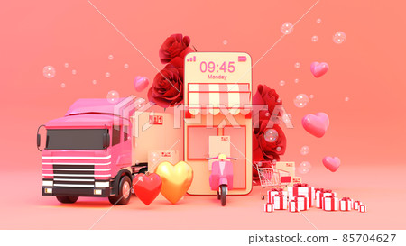 E-commerce concept on Valentine day, Shopping online and delivery service on mobile application., 3d rendering. E-commerce concept on Valentine day, Shopping online and delivery service on mobile application., 3d rendering. 85704627