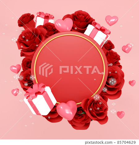 white round wreath with Valentine day. heart balloon , rose, 3d rendering. white round wreath with Valentine day. heart balloon , rose, 3d rendering. 85704629