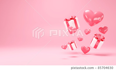 Happy Valentine day. Background with realistic festive gifts box. Heart and baubles balls, 3d rendering Happy Valentine day. Background with realistic festive gifts box. Heart and baubles balls, 3d rendering 85704630