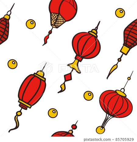 Doodle vector seamless pattern of chinese paper lanterns. Flat colorful icons oriental decoration of china culture. Illustration of asian celebration festival decor. Hand draw traditional lights Doodle vector seamless pattern of chinese paper lanterns. Flat colorful icons oriental decoration of china culture. Illustration of asian celebration festival decor. Hand draw traditional lights 85705929