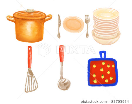 Kitchen utensils such as pots, plates, and pots drawn with a paint-like touch 85705954