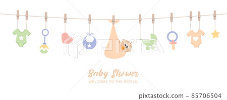 baby shower welcome greeting card for childbirth with hanging utensils baby shower welcome greeting card for childbirth with hanging utensils 85706504