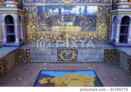 Ceramic azulejos in Plaza de Espana, Seville, Andalusia, spain Ceramic azulejos in Plaza de Espana, Seville, Andalusia, spain 85706579