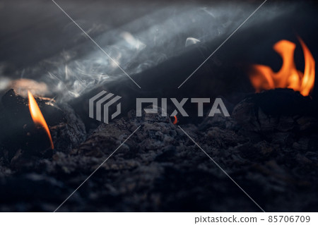 Open fire and smoke cloud from burning charcoal grill ready for product placement. Open fire and smoke cloud from burning charcoal grill ready for product placement. 85706709