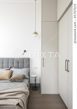 Modern Minimalism Style Bedroom Interior In Beige  and grey Tones 85707035