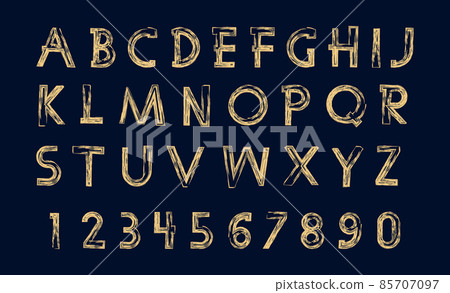 Gold and dark blue glittering letters in brush hand painted style. graphic Gold and dark blue glittering letters in brush hand painted style. graphic 85707097