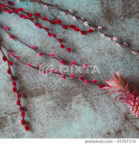 Decorative pink pineapple and willow twigs of different dolors on turquoise background from above. Exotic floral design background 85707178