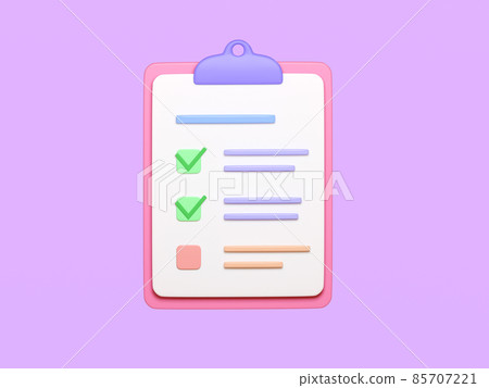 Checklist on clipboard paper, 3d render illustration. Notebook with checked tasks. Concept of online survey, exam note, business contract, research form, evaluation document, questionnaire 85707221