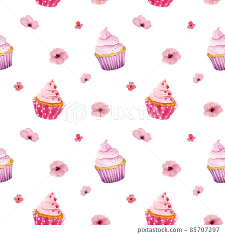 Watercolor seamless pattern with cupcakes and... - Stock Illustration ...