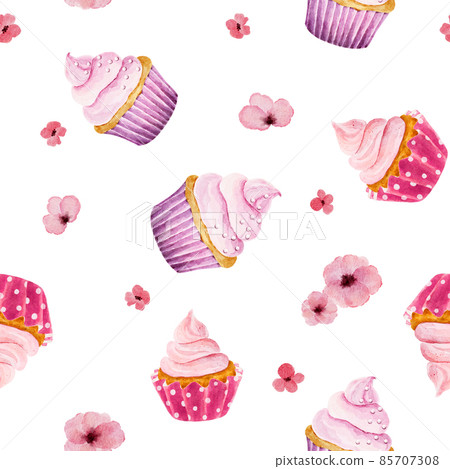 Watercolor seamless pattern with cupcakes and... - Stock Illustration ...