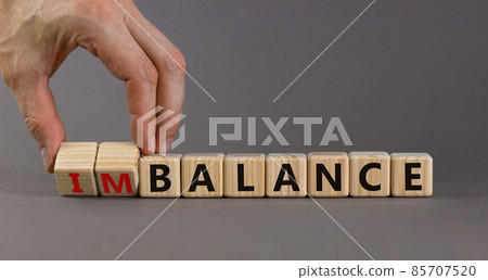 Balance or imbalance symbol. Businessman turns cubes and changes the word imbalance to balance. Beautiful grey background, copy space. Business, balance or imbalance concept. 85707520