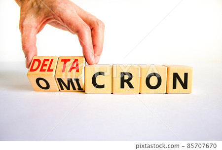 Covid-19 omicron or deltacron symbol. Doctor turns cubes and changes the word omicron to deltacron. Beautiful white background. Medical, covid-19 corona omicron or deltacron concept. Copy space. 85707670