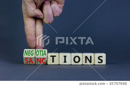 Sanctions or negotiations symbol. Businessman turns cubes, changes the word sanctions to negotiations. Beautiful grey table, grey background, copy space. Business, sanction or negotiation concept. 85707698