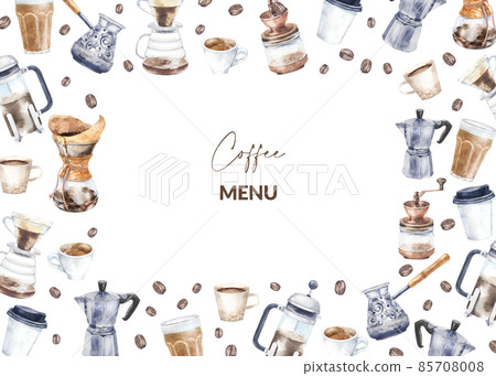 Template of watercolor coffee pot, cup, filter. Hand drawn illustration of morning caffeine drink for menu, restaurant and shop. Template of watercolor coffee pot, cup, filter. Hand drawn illustration of morning caffeine drink for menu, restaurant and shop. 85708008