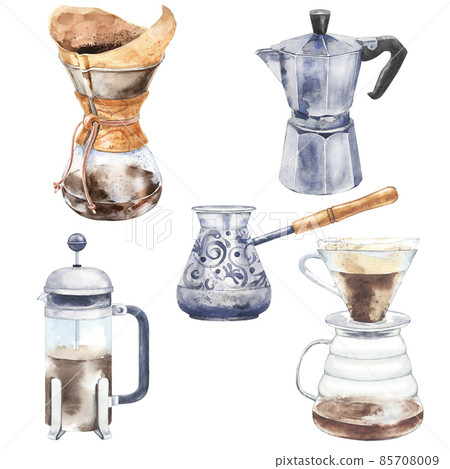 Watercolor collection of coffee pots and maker. Hand drawn illustration of kettle for morning caffeine drink. Watercolor collection of coffee pots and maker. Hand drawn illustration of kettle for morning caffeine drink. 85708009