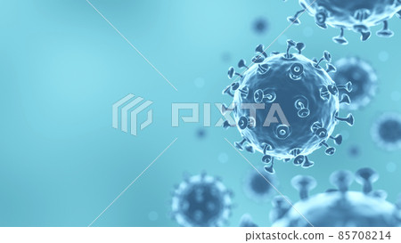 COVID-19 Corona virus with spike glycoprotein are floating on the air and copy space area at left side for fill text . Blue color background . 3D rendering . 85708214