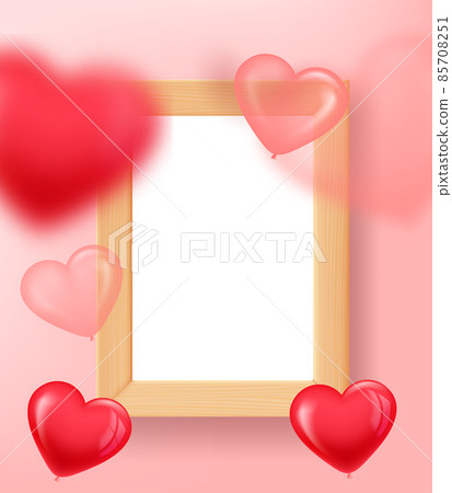 Empty wood frame with air balloons. 3d vertical vector mockup for design Empty wood frame with air balloons. 3d vertical vector mockup for design 85708251