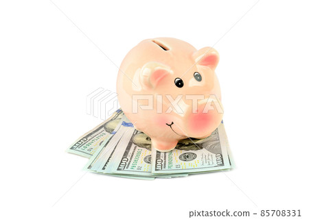 American dollars and piggy bank isolated on white . American dollars and piggy bank isolated on white . 85708331