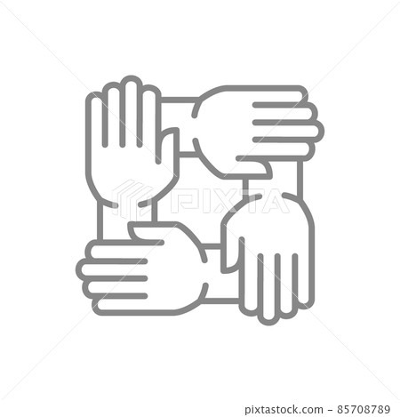 Four united hands line icon. Togetherness, team work symbol 85708789