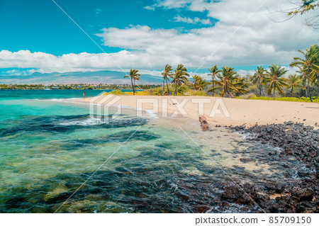 Hawaii beach travel landscape. Summer vacation hero view of woman tourist walking on secluded bay in Waikoloa, Big Island, HAWAII, USA destination. 85709150