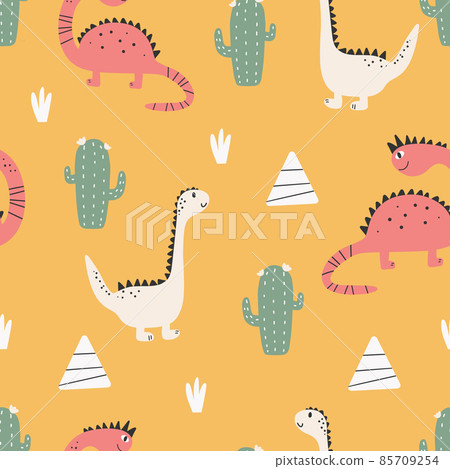 Cute dinosaur pattern - hand drawn childish dinosaur seamless pattern design Cute dinosaur pattern - hand drawn childish dinosaur seamless pattern design 85709254