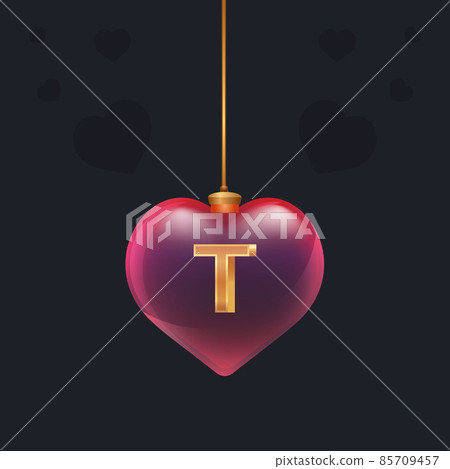 Glass ball with a golden 3D letter T inside. Valentines day decoration element for design banner, card or any advertising Glass ball with a golden 3D letter T inside. Valentines day decoration element for design banner, card or any advertising 85709457