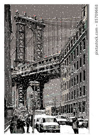 View of Manhattan Bridge from brooklyn under snow View of Manhattan Bridge from brooklyn under snow 85709668