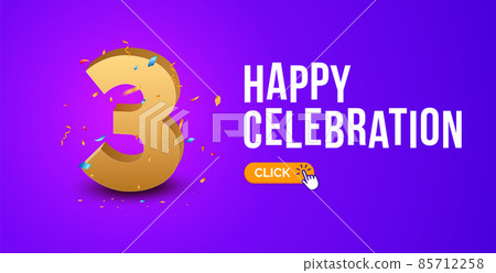 Anniversary birthday 3 years golden background. Happy vector poster 3 anniversary confetti Anniversary birthday 3 years golden background. Happy vector poster 3 anniversary confetti 85712258