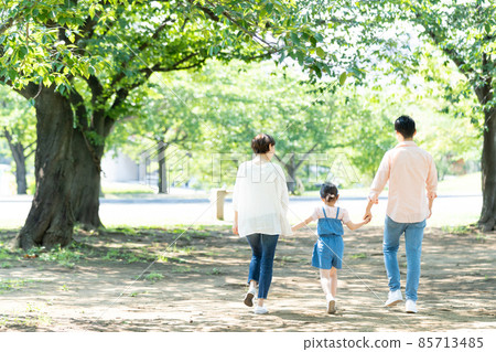 Back view of a family walking hand in hand 85713485