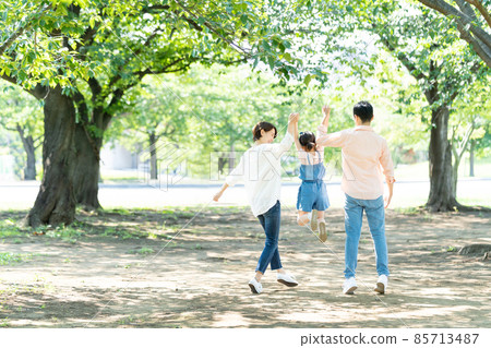 Back view of a family walking hand in hand 85713487