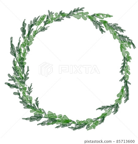 Watercolor illustration. Wreath illustration of plants. Plant wreath frame. Green herb decorative frame. 85713600
