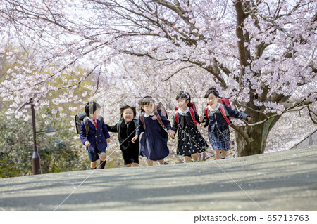 New first grader running in a park where cherry blossoms bloom 85713763