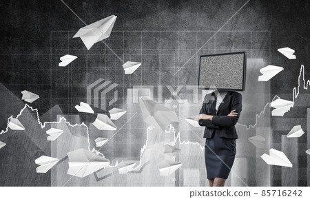 Business woman with TV instead of head. 85716242