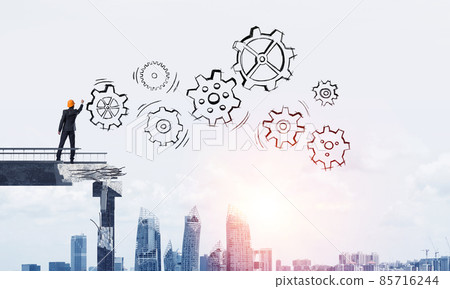 Businessman drawing teamwork conceptual scheme. Businessman drawing teamwork conceptual scheme. 85716244