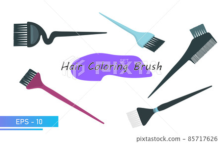 A set of brushes for coloring hair on the head. Hair color change. Tools for a beauty salon, hairdresser or stylist. In color version. Vector illustration. 85717626