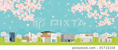 Sakura and residential area in the blue sky 85718108