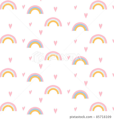 Vector seamless pattern with rainbows and hearts. Cute childish pattern with rainbows. 85718109