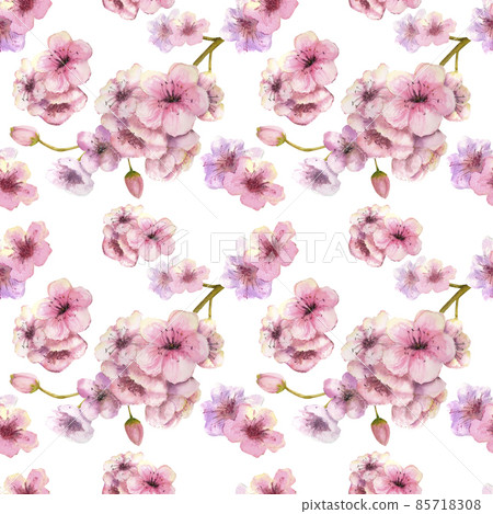 Seamless pattern with blossoming sakura branches on a white background. Watercolor illustration drawn by hand 85718308