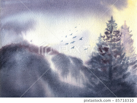 Landscape with misty winter forest, mountains and a flock of birds. Watercolor illustration. Oriental painting 85718310