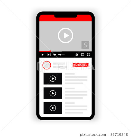 Smartphone with video player app design. Mobile elements for video player app interface. Social media interface design. 85719248