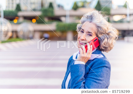mature businesswoman smiling at camera while attending on the phone mature businesswoman smiling at camera while attending on the phone 85719299