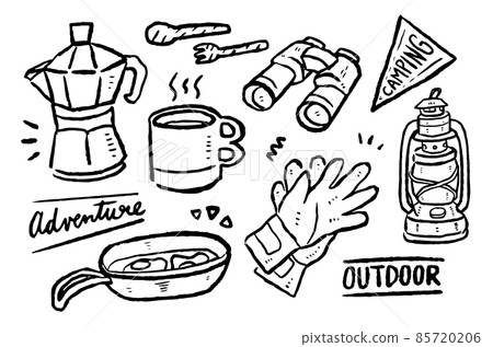 Handwritten style camping equipment black and white illustration vector 85720206