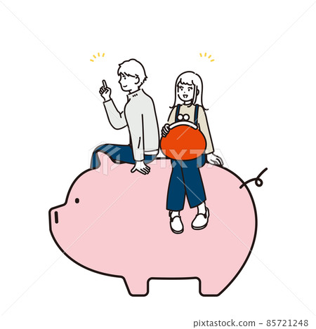 一對夫婦在存錢罐上獲得靈感的插圖素材 85721248